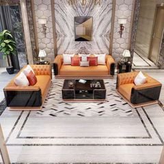 Bộ sofa da bò, gỗ sơn bóng Piano, viền inox mạ titan vàng BSF1001