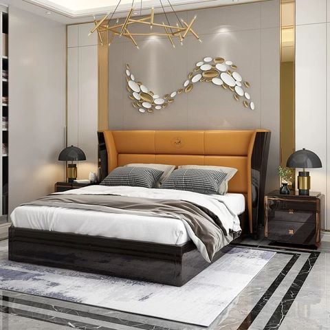 Giường ngủ bọc da bò, gỗ sơn bóng piano GN047