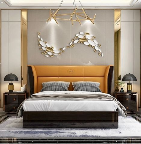 Giường ngủ bọc da bò, gỗ sơn bóng piano GN047