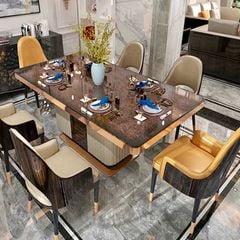 Bàn ăn nhập khẩu sơn bóng Piano, chân bọc da BA0169