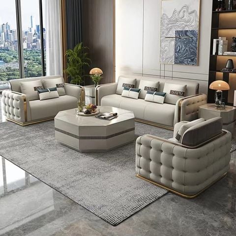 Bộ Sofa da bò màu trắng xám BSF184