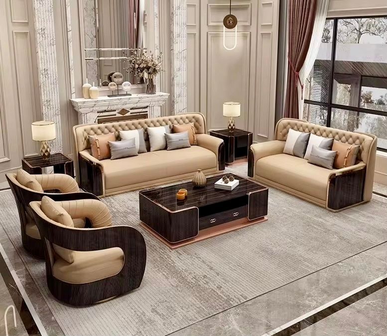 Bộ sofa da bò, gỗ sơn bóng Piano, viền inox mạ titan vàng- BSF205