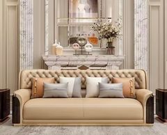 Bộ sofa da bò, gỗ sơn bóng Piano, viền inox mạ titan vàng- BSF205