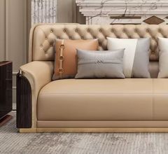 Bộ sofa da bò, gỗ sơn bóng Piano, viền inox mạ titan vàng- BSF205