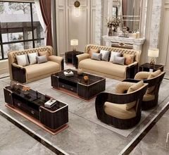 Bộ sofa da bò, gỗ sơn bóng Piano, viền inox mạ titan vàng- BSF205