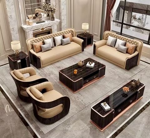 Bộ sofa da bò, gỗ sơn bóng Piano, viền inox mạ titan vàng- BSF205