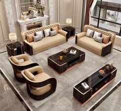 Bộ sofa BSF205 da bò, gỗ sơn bóng Piano, viền inox mạ titan vàng