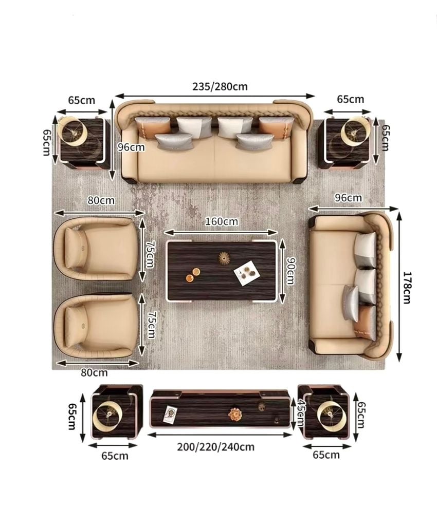 Bộ sofa BSF205 da bò, gỗ sơn bóng Piano, viền inox mạ titan vàng