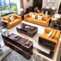 Ghế Sofa Da Bò lớp trên cùng cao cấp, gỗ bạch dương sơn piano, nẹp inox mạ titan vàng GSF172