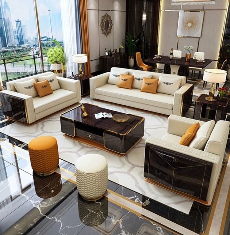 Ghế Sofa Da Bò lớp trên cùng cao cấp, gỗ bạch dương sơn piano, nẹp inox mạ titan vàng GSF172