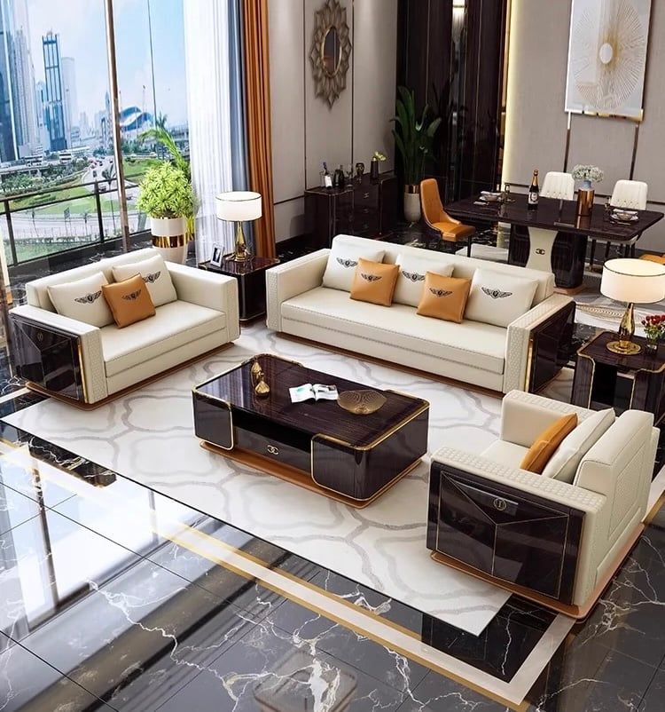 Ghế Sofa Da Bò lớp trên cùng cao cấp, gỗ bạch dương sơn piano, nẹp inox mạ titan vàng GSF172