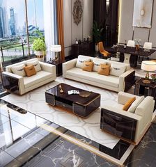 Ghế Sofa Da Bò lớp trên cùng cao cấp, gỗ bạch dương sơn piano, nẹp inox mạ titan vàng GSF172