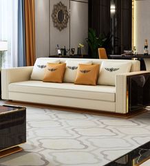 Ghế Sofa Da Bò lớp trên cùng cao cấp, gỗ bạch dương sơn piano, nẹp inox mạ titan vàng GSF172