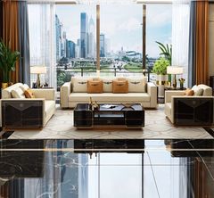 Ghế Sofa Da Bò lớp trên cùng cao cấp, gỗ bạch dương sơn piano, nẹp inox mạ titan vàng GSF172