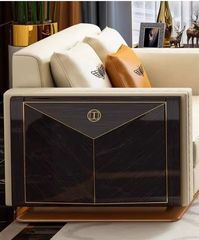 Ghế Sofa Da Bò lớp trên cùng cao cấp, gỗ bạch dương sơn piano, nẹp inox mạ titan vàng GSF172