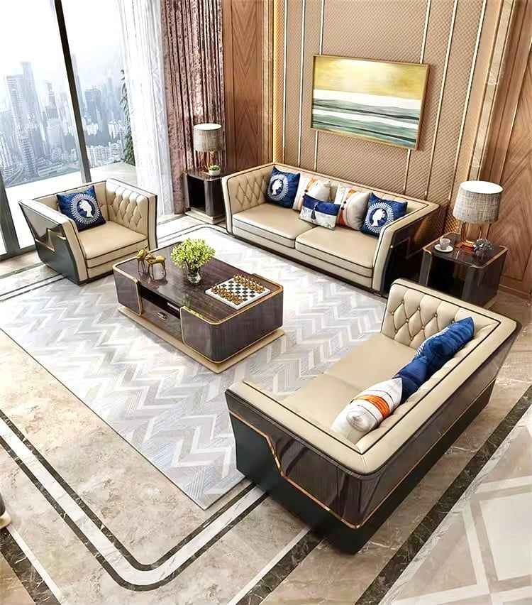 Bộ Sofa da bò, ốp gỗ sơn bóng piano nhập khẩu BSF208