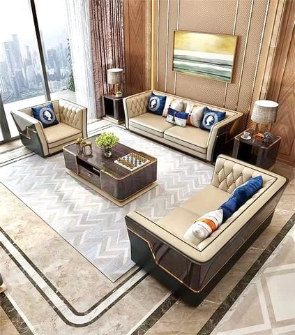 Bộ Sofa da bò, ốp gỗ sơn bóng piano nhập khẩu BSF208