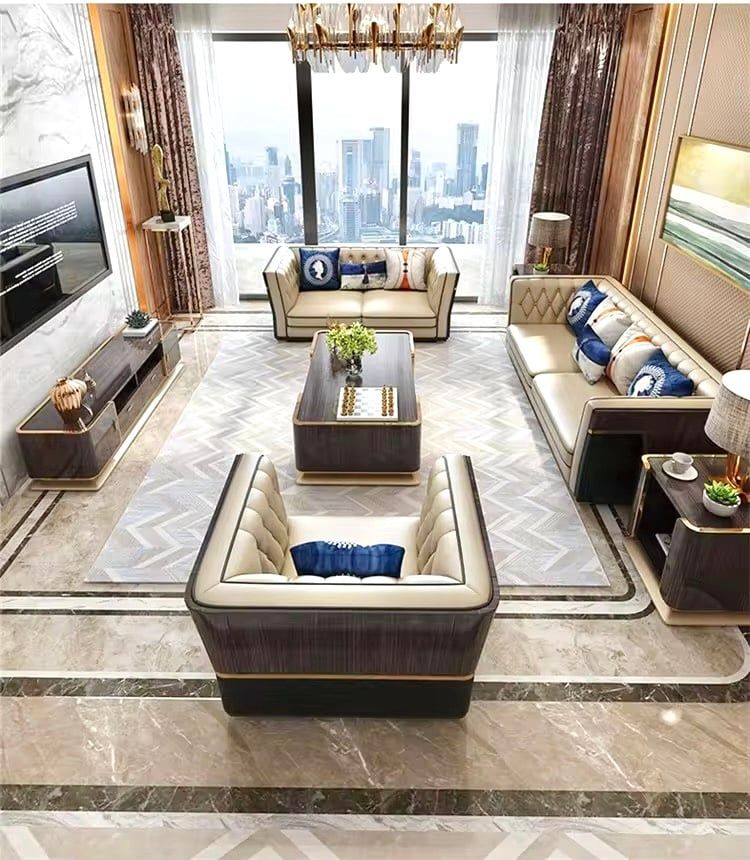 Bộ Sofa da bò, ốp gỗ sơn bóng piano nhập khẩu BSF208