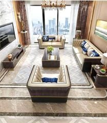Bộ Sofa da bò, ốp gỗ sơn bóng piano nhập khẩu BSF208