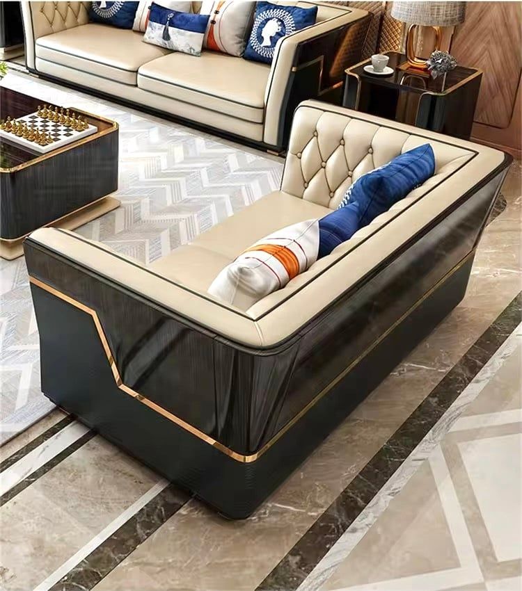 Bộ Sofa da bò, ốp gỗ sơn bóng piano nhập khẩu BSF208