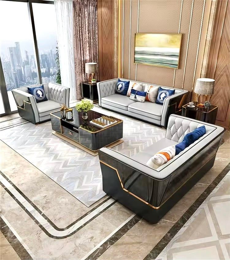 Bộ Sofa da bò, ốp gỗ sơn bóng piano nhập khẩu BSF208