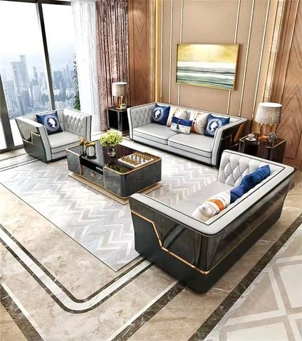 Bộ Sofa da bò, ốp gỗ sơn bóng piano nhập khẩu BSF208