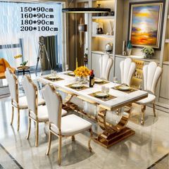 Bàn ăn mặt đá marble nhân tạo, khung inox mạ titan vàng BA006