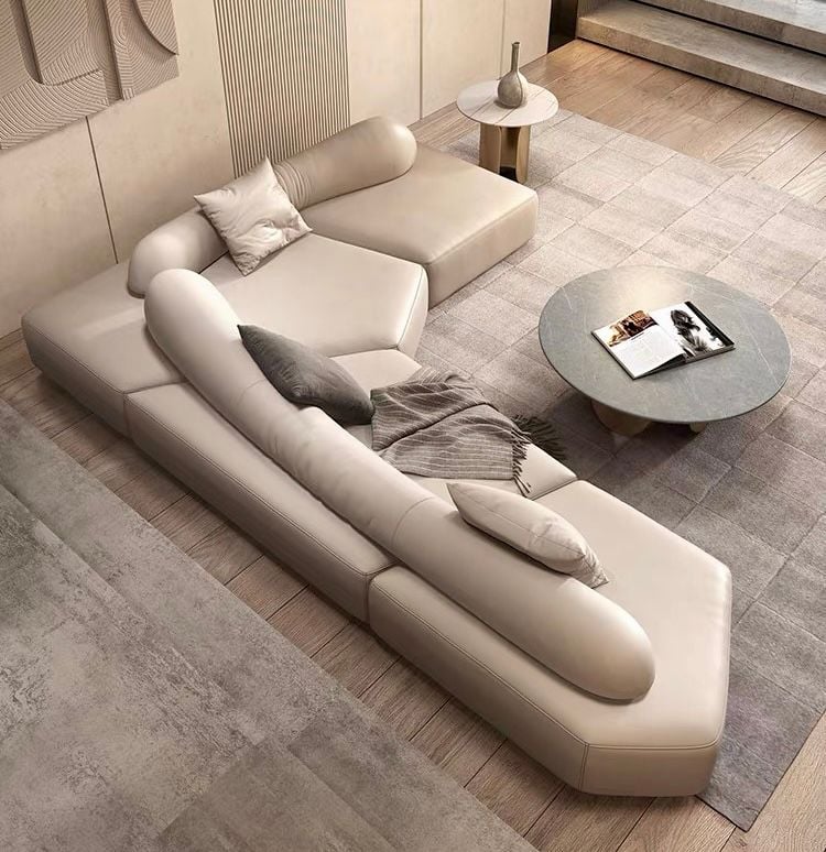 Sofa góc da bò màu trắng xám BSF186