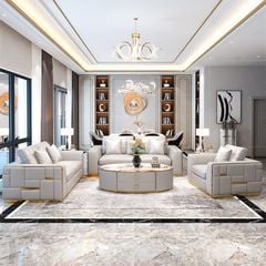 Bộ sofa da màu kem phối đường viền và nẹp inox mạ vàng tạo điểm nhấn BSF176