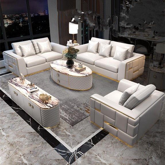 Bộ sofa da màu kem phối đường viền và nẹp inox mạ vàng tạo điểm nhấn BSF176