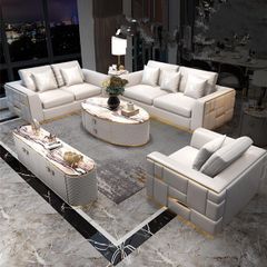 Bộ sofa da màu kem phối đường viền và nẹp inox mạ vàng tạo điểm nhấn BSF176