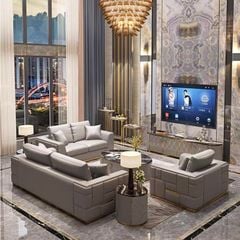 Bộ sofa da màu kem phối đường viền và nẹp inox mạ vàng tạo điểm nhấn BSF176