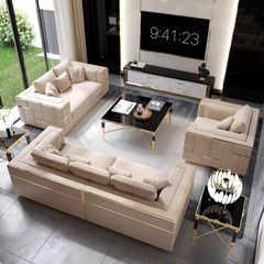 Bộ sofa da màu kem phối đường viền và nẹp inox mạ vàng tạo điểm nhấn BSF176