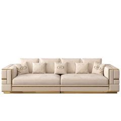 Bộ sofa da màu kem phối đường viền và nẹp inox mạ vàng tạo điểm nhấn BSF176