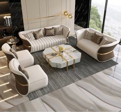 Bộ sofa da phối khác màu mặt trước sau, viền inox mạ vàng cao cấp BSF166