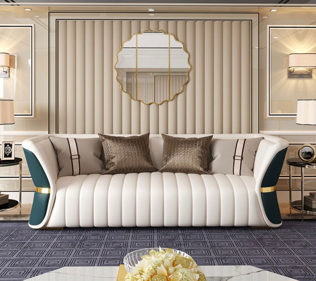 Bộ sofa da phối khác màu mặt trước sau, viền inox mạ vàng cao cấp BSF166