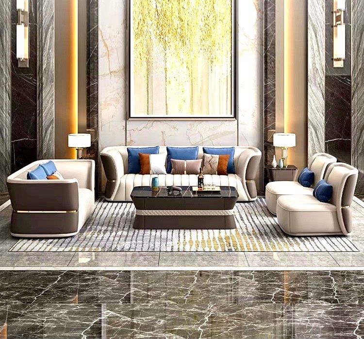 Bộ sofa da phối khác màu mặt trước sau, viền inox mạ vàng cao cấp BSF166