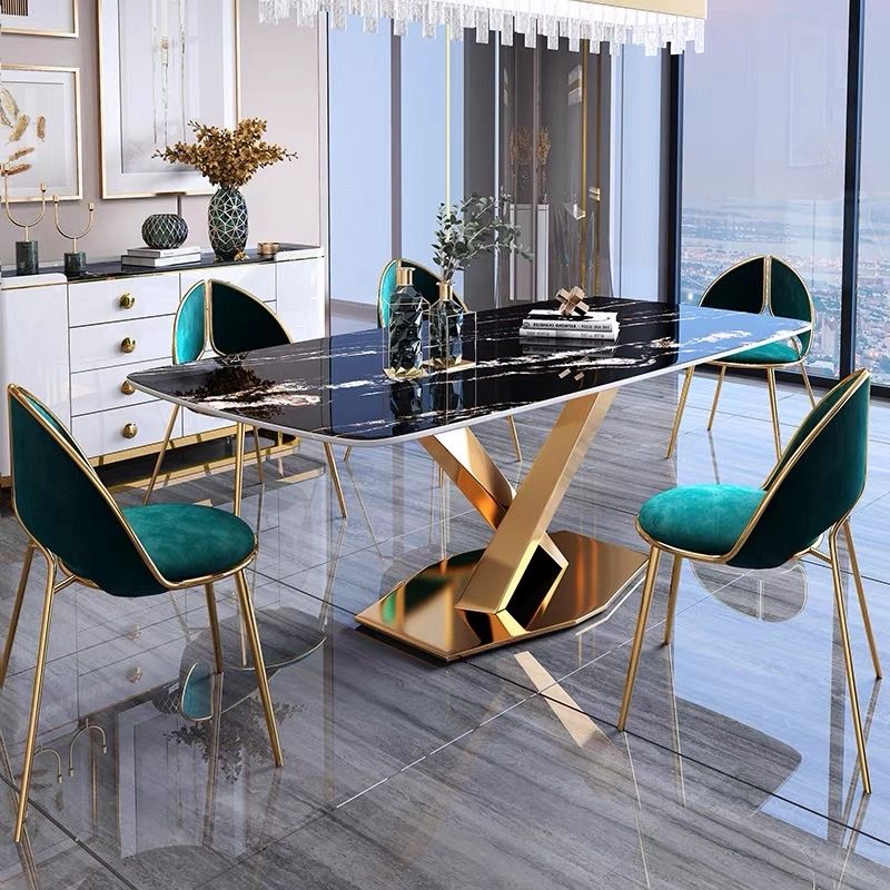 Bàn ăn mặt đá marble nhân tạo, khung inox mạ titan vàng BA012