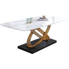 Bàn ăn mặt đá marble nhân tạo/kính cường lực, khung inox mạ titan vàng BA214