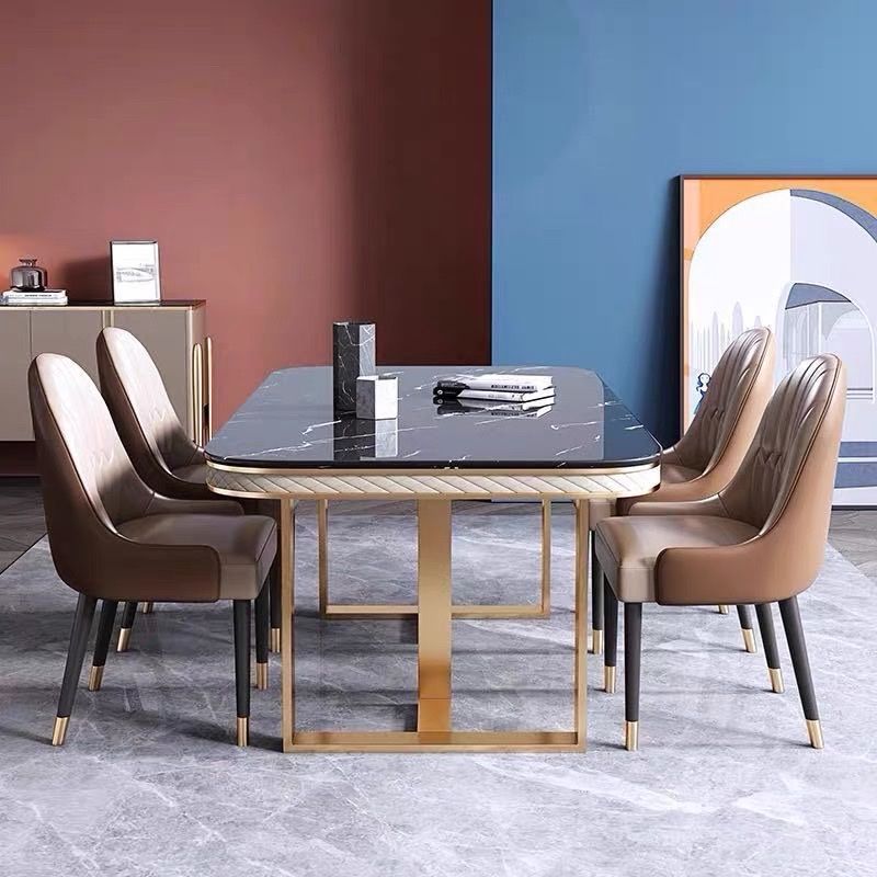 Bàn ăn mặt đá marble nhân tạo, khung inox mạ titan vàng BA030