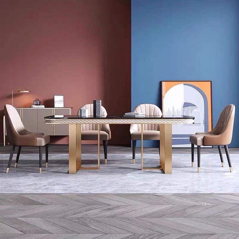 Bàn ăn mặt đá marble nhân tạo, khung inox mạ titan vàng BA030