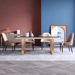 Bàn ăn mặt đá marble nhân tạo, khung inox mạ titan vàng BA030