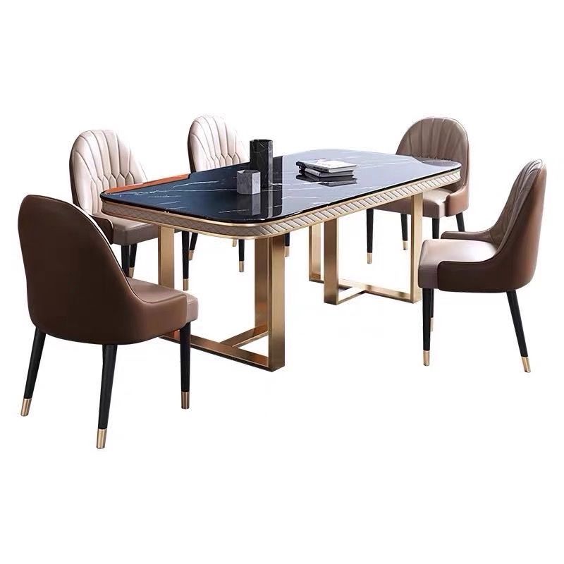 Bàn ăn mặt đá marble nhân tạo, khung inox mạ titan vàng BA030