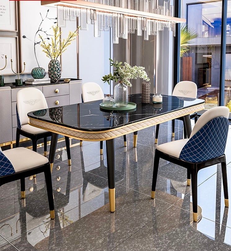 Bàn ăn mặt đá marble nhân tạo, khung sắt, nẹp inox mạ titan vàng BA112