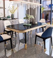 Bàn ăn mặt đá marble nhân tạo, khung sắt, nẹp inox mạ titan vàng BA112