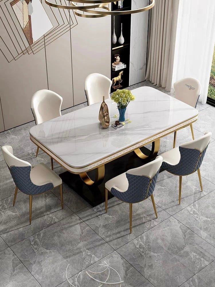 Bàn ăn mặt đá marble nhân tạo, thép sơn tỉnh điện, khung inox mạ titan vàng BA0019