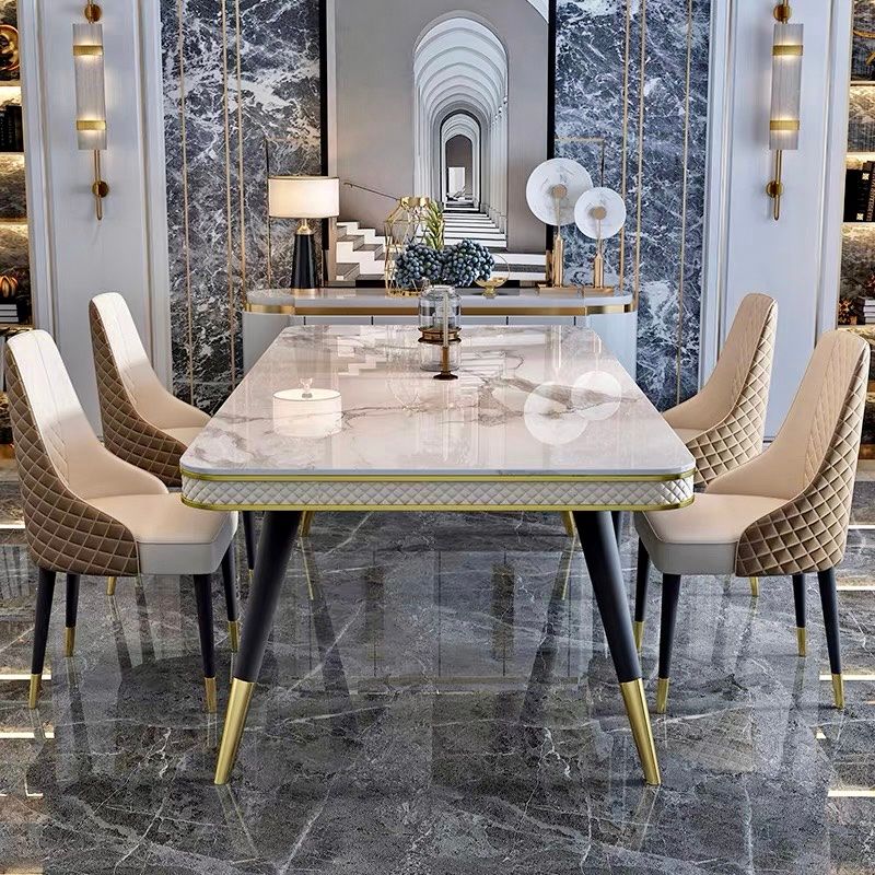 Bàn ăn mặt đá marble nhân tạo, khung sắt, nẹp inox mạ titan vàng BA112