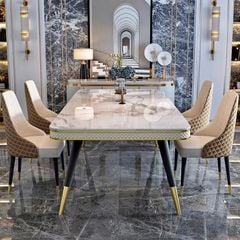 Bàn ăn mặt đá marble nhân tạo, khung sắt, nẹp inox mạ titan vàng BA112