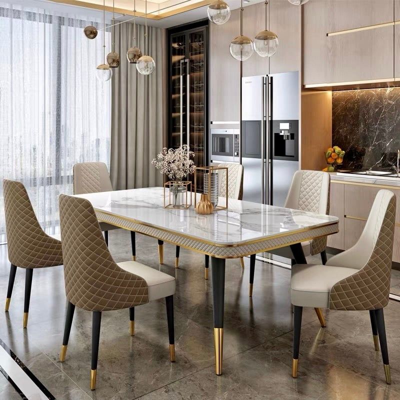 Bàn ăn mặt đá marble nhân tạo, khung sắt, nẹp inox mạ titan vàng BA112