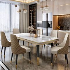 Bàn ăn mặt đá marble nhân tạo, khung sắt, nẹp inox mạ titan vàng BA112